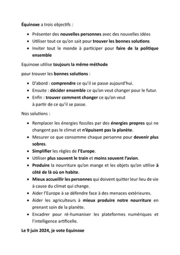 Profession de foi (Facile À Lire et à Comprendre) de la liste Équinoxe écologie pratique & renouveau démocratique - Elections Européennes 2024