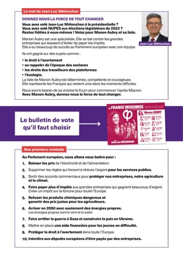 Profession de foi (Facile À Lire et à Comprendre) de la liste La France insoumise Union populaire - Elections Européennes 2024