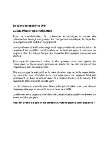 Profession de foi (Facile À Lire et à Comprendre) de la liste Paix et décroissance - Elections Européennes 2024