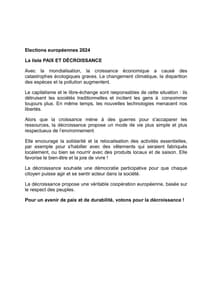 Profession de foi (Facile À Lire et à Comprendre) de la liste Paix et décroissance - Elections Européennes 2024 page 1