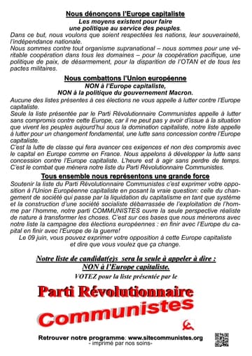 Profession de foi (Facile À Lire et à Comprendre) de la liste Parti Révolutionnaires Communistes - Elections Européennes 2024