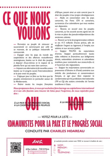 Profession de foi de la liste Communistes pour la paix et le progrès social - Elections Européennes 2024