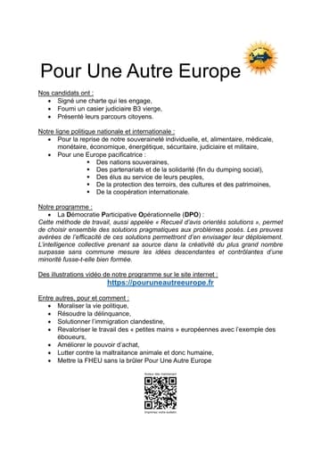 Profession de foi de la liste Pour une autre Europe - Elections Européennes 2024