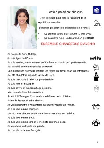 Profession de foi (Facile À Lire et à Comprendre) d'Anne Hidalgo au premier tour de l'élection présidentielle 2022