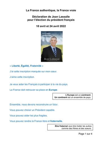 Profession de foi (Facile À Lire et à Comprendre) de Jean Lassalle au premier tour de l'élection présidentielle 2022