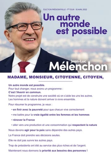 Profession de foi (Facile À Lire et à Comprendre) de Jean-Luc Mélenchon au premier tour de l'élection présidentielle 2022