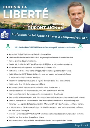Profession de foi (Facile À Lire et à Comprendre) de Nicolas Dupont-Aignan au premier tour de l'élection présidentielle 2022