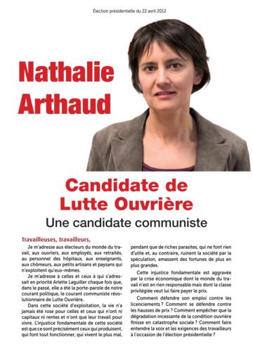 Profession de foi de Nathalie Arthaud au premier tour de l'élection présidentielle 2012