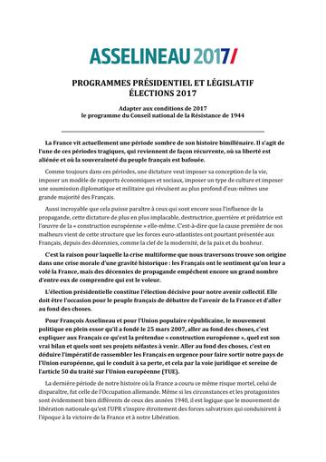 Programme de Francois Asselineau à l'élection présidentielle 2017