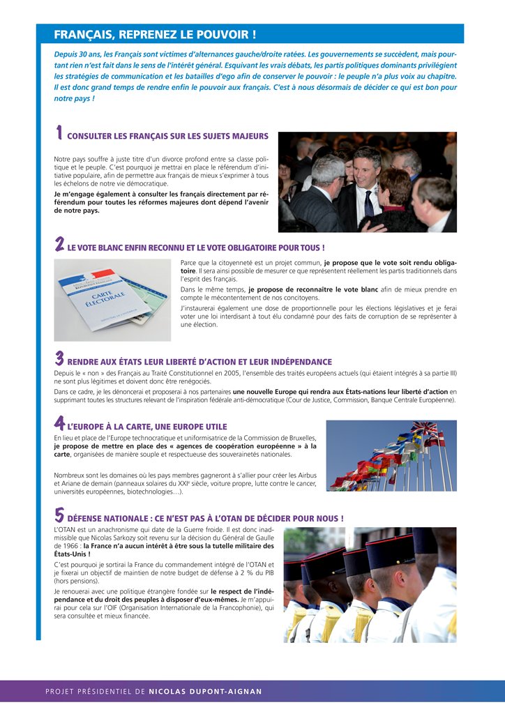 Programme De Nicolas Dupont Aignan à Lélection Présidentielle 2012 Le Site Des Professions De 9258